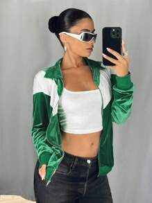 SHEIN ICON Women's Going Out Green Back To School Preppy Casual Colorblocked Patchwork Jacket, Spring/Autumn - Green - View 11