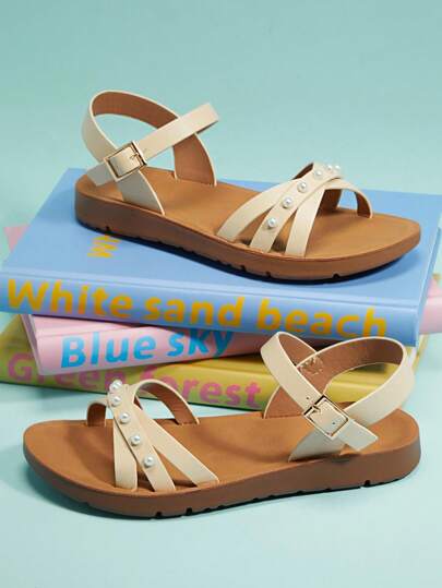 Mini mi PrincessReady 女童珍珠装饰系带素食皮革奶油色搭扣凉鞋 - 舒适鞋履，适合盛装场合、海滩和水上活动