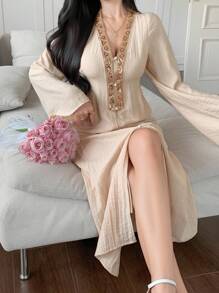 DAZY Casual Loose Splicing Flare Sleeve Long Dress For Women,Fall Dress Long Sleeve Dress - Pink - View 8