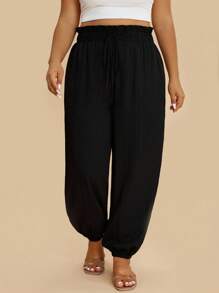 SHEIN VCAY 大码女式休闲黑色条纹抽绳哈伦裤，秋季百搭宽松长裤 - 黑色 - 查看 6