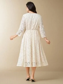 Flouryn Đầm Maxi Ren Cổ Chữ V Tay Dài Cỡ Lớn Ôm Eo Kiểu Chữ A, Viền Ren Thường Ngày - Màu be - Xem 2