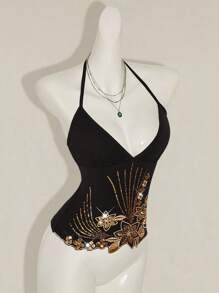 SHEIN ICON 女式 Y2K 风格花朵串珠刺绣不对称下摆露背吊带背心，波西米亚风时尚性感