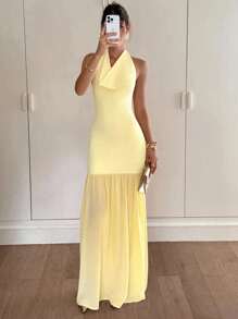 Siren Gaze Đầm suông hở lưng màu trơn thanh lịch cho nữ - Màu vàng - Xem 4