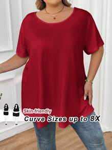 SHEIN CURVE+ 女士加大码秋冬休闲宽松纯色短袖T恤，舒适简约，适合日常穿着和假日穿着。 - 酒紅色 - 查看 9
