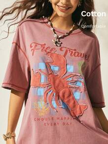 Easelle Áo thun cotton cổ tròn thêu họa tiết tôm hùm dễ thương phong cách Boho thường ngày màu hồng, thời trang mùa hè cho nữ, đồ đi biển - Hồng - Xem 2