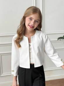 SHEIN Serisse Kids Chaqueta de punto corta de color blanco sólido con botones metálicos, de estilo informal y de diario para niña preadolescente - Blanco - Ver 7