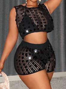 Slaydiva 复古优雅INS风美式圆点串珠无袖修身吊带背心和圆点串珠针织短裤两件套；亮片两件套；黑色两件套；网纱两件套；钩针两件套；两件短款套装 - 黑色 - 查看 1