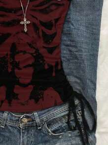 SHEIN EZwear Áo crop top buộc dây phía trước họa tiết đầu lâu tan chảy và đầu lâu mực dành cho nữ, phù hợp cho mùa hè - màu đen - Xem 3