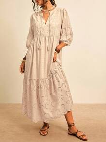 Freevana Đầm suông rộng rãi thường ngày thêu tay đèn lồng tua rua cho nữ cỡ lớn đi nghỉ mát Burnout - Màu Khaki - Xem 6