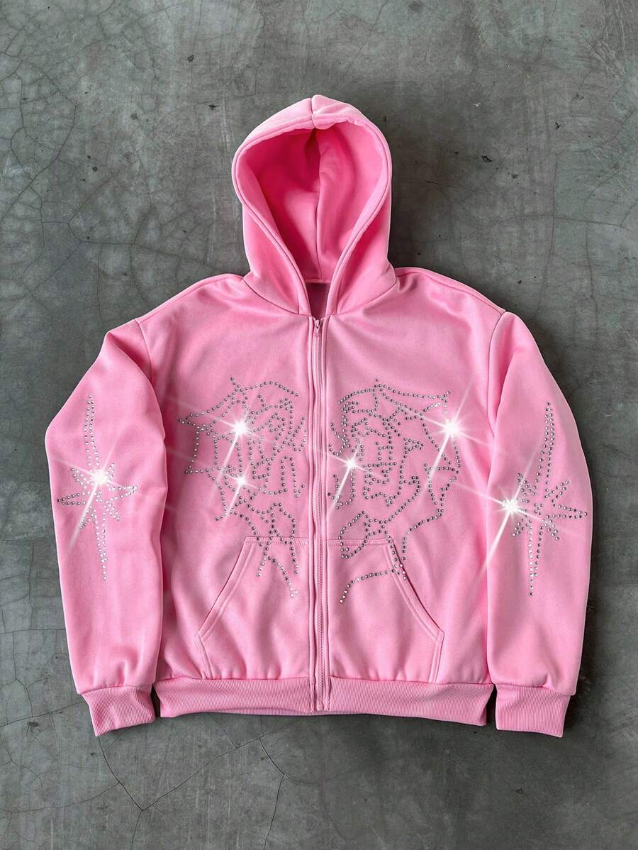 Manfinity EMRG 男士时尚街头 INS 风格水钻镶嵌蜘蛛网和心形图案休闲套头连帽衫，男友/丈夫礼物，周年纪念礼物，粉色 - 粉色 - 查看 1