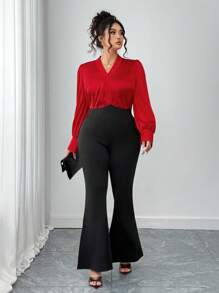 Elenzga 2pcs Set Plus Size Women Satin Long Sleeve Top And Bell-Bottom Flare Pants Fall Cloth For Women - Multicolor - View 5