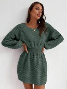 SHEIN LUNE 女式纯色圆领落肩长袖收腰休闲针织连衣裙 - 綠色 - 查看 5
