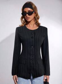 COSMINA 女士条纹圆领长袖单排扣休闲常规夹克秋冬女士细条纹西装外套