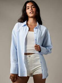 MISSGUIDED 条纹纽扣衬衫，背面带花卉印花，商务休闲办公室装，长袖，春夏专业工作服 - 藍色 - 查看 4