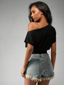 MISSGUIDED Off Shoulder Dolman Top Elastic Waist Modern Minimalist Knit Crop Blouse Summer Beach Boho Evening Party Casual Lounge Daily Wear - White - View 2