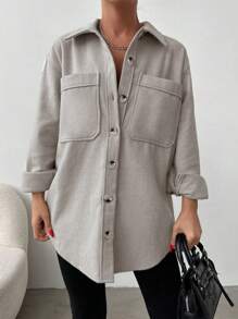 EURMUSE Dual Pocket Drop Shoulder Button Front Coat - Beige - View 5