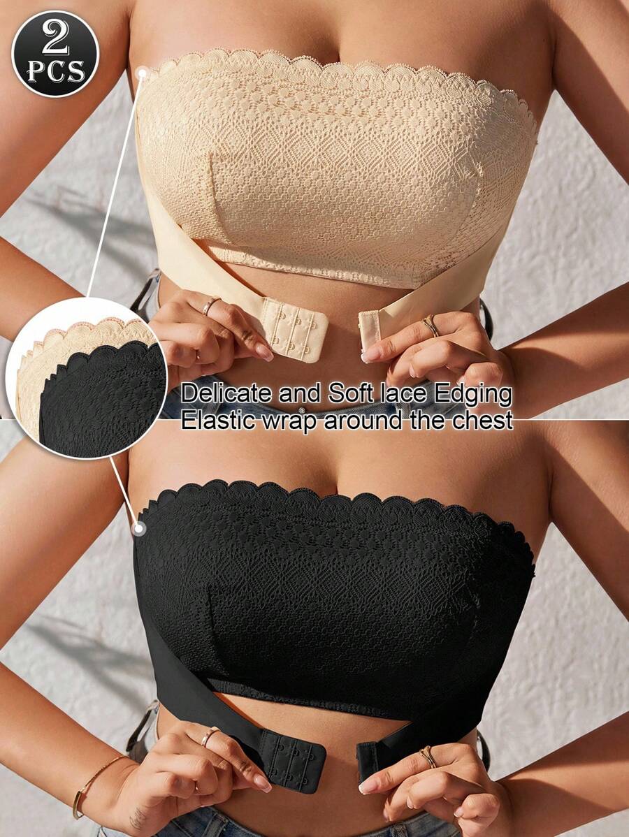 SHEIN 2 件套加大码抹胸文胸，防滑不显胸，可爱浪漫蕾丝抹胸，夏季 - 彩色 - 查看 1