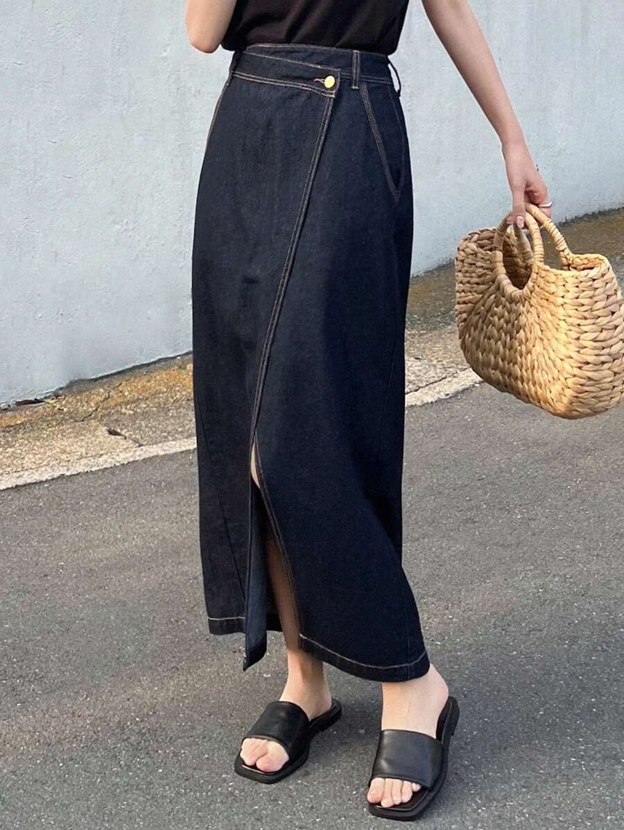 FRIFUL 女士不对称腰线前侧开衩长款休闲牛仔裙