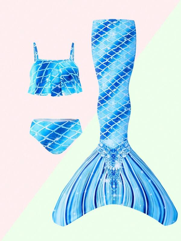 Young Girls Bikini Sets,Mermaid Tail Swimsuit For Girls, Three Pieces Set, Colorful Gradient Fish Scale Swimsuit, Fishtail Culottes Swimsuit, Suitable For Vacation