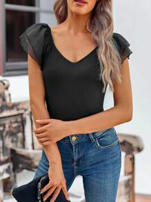 SHEIN LUNE Camiseta de manga corta y cuello redondo de mujer, negra, acanalada y de uso versátil para el verano - Negro - Ver 1