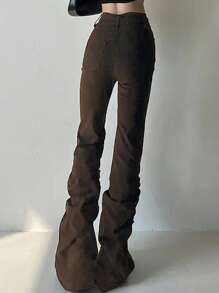 DAZY Pantalones casuales de mujer de unicolor con bolsillos y vuelo plisado - Marrón - Ver 2