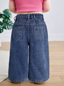 SHEIN 女婴蓝色牛仔宽松直筒裤 - 深色水洗藍 - 查看 2