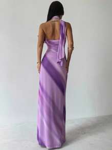 Firerie 新款优雅不对称肩部蝴蝶结紫色渐变网眼连衣裙/薰衣草紫色裙子/露肩挂脖蝴蝶结裙/校服/乡村风女装/休闲度假连衣裙/波西米亚风女装 - 彩色 - 查看 5