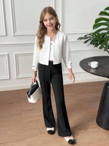 SHEIN Serisse Kids Chaqueta de punto corta de color blanco sólido con botones metálicos, de estilo informal y de diario para niña preadolescente - Blanco - Ver 8
