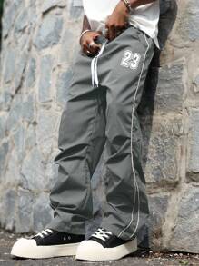 Manfinity Hypemode 男士数字印花抽绳腰褶宽松休闲裤 Y2k 街头潮流裤 灰色，秋季 - 灰色 - 查看 5