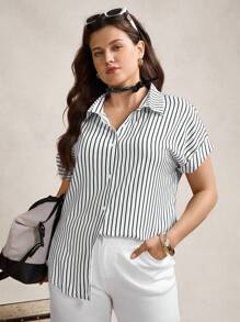 Zelara Plus Striped Print Button Front Shirt, Summer - Black and White - View 4