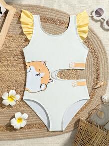 SHEIN 少女卡通印花镂空连体泳衣 - 彩色 - 查看 3