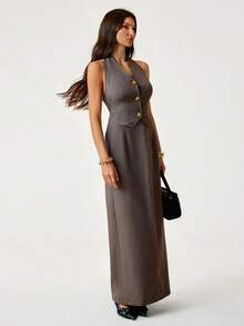 SHEIN Tall Women's Solid Color Halter Backless Tank Top And Mini Skirt Elegant Suit Set Autumn Winter Clothes For Women, Tall Women - Mocha Brown - View 4