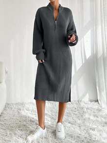 EURMUSE Damen Strickkleid mit Reißverschlussdetail - Dunkelgrau - Übersicht 6
