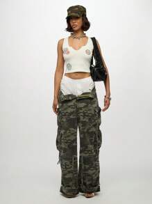 SUMWON WOMEN Notch Neck Crop Tank Top Badge Print Ribbed Summer Y2K Streetwear Retro Soda Pop Art Vintage Inspired Festival Sleeveless Vest - White - View 3