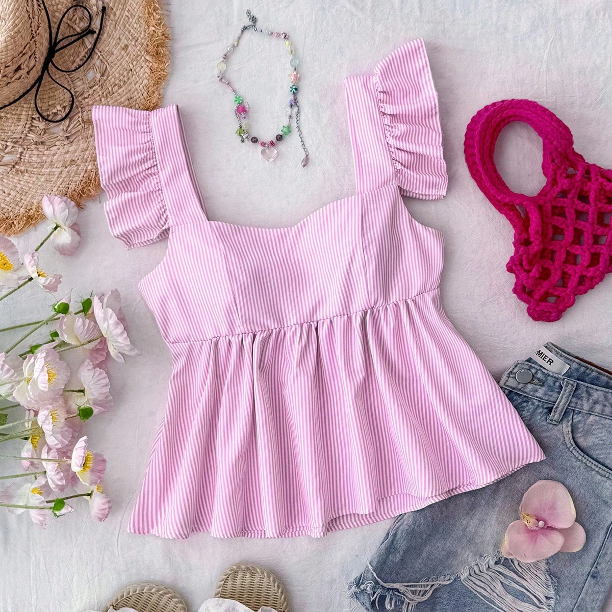 Blusa con volantes de rayas rosas con mangas con volantes y cuello cuadrado para adolescentes, top de muñeca rosa, top de muñeca para niñas, top de