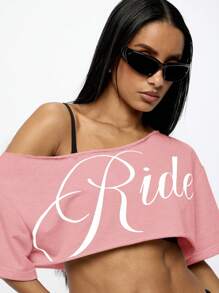 SUMWON WOMEN 加大码短款上衣 原始下摆 露肩 图案印花 夏季休闲街头时尚宣言 潮流引领者 审美 T 恤