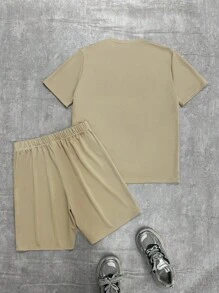 SHEIN 2pcs Casual Teen Boy Short Sleeve Top And Shorts Set, Street Punk Rock College Style For Daily Wear, Party, Music Festival, Spring/Summer - Khaki - View 2