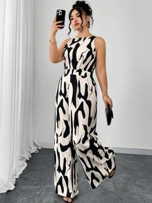 Ellevyn Bộ đồ liền thân ống rộng in họa tiết bó sát, thoải mái, thường ngày cỡ lớn mùa hè dành cho nữ - Đen và trắng - Xem 5