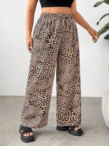 SHEIN EZwear Pantalon de vacances décontracté grande taille à imprimé animalier rétro à jambes larges - Tabac - Voir 5