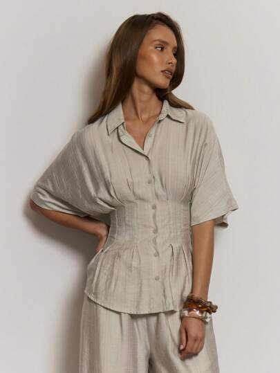 MUSERA Cinched Ruched Waist Oversized Shoulder Button Down Shirt Only Cute Fall Autumn Holiday Vacation Winter Christmas Basics Sexy Occasion Elegant Classy Back To School Date Night Collective Christmas,Elegant