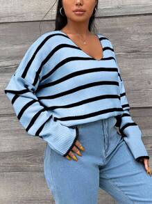 EURMUSE Plus Size Women's Striped Drop Shoulder Long Sleeve Casual Loose Pullover Sweater - Baby Blue - View 5