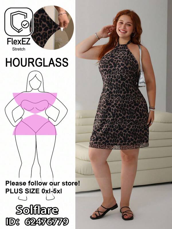 SHEIN EZwear Plus Size Women Sleeveless Leopard Print Halter Dress