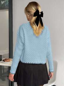 EURMUSE Áo len dệt kim cổ tròn đính đá và họa tiết tương phản cho nữ dáng thường mùa đông - Màu xanh lam - Xem 2