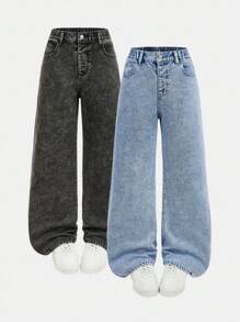 2 件套青少年女孩男女通用直筒牛仔裤，灰色和蓝色水洗，适合学校、周末、学习班