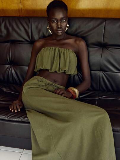 Lumivelle Conjunto de 2 piezas de mujer con top halter corto y sexy de 100% algodón verde oliva con diseño de nube y falda con abertura y lazo en la espalda