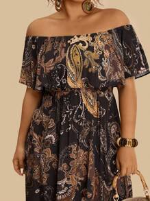 Travachic Rochie de damă plus size cu imprimeu boem Paisley și umeri goi, cu tiv cu volane, stil casual de vacanță, toamnă - Negru - Vizualizare 6