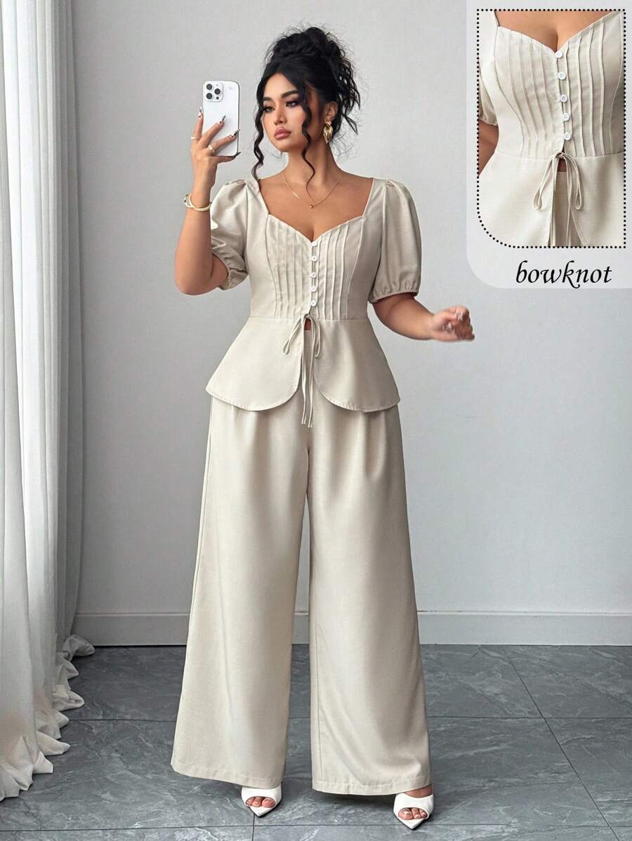 Elenzga Plus Size Fashionable Casual French Retro Elegant Commute Bowknot Puff Sleeve Blouse And Pants 2 Piece Set
