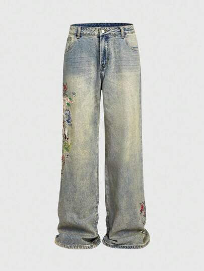 Men's Street Chinese Style Embroidery Contrast Color Pocket Casual Jeans
