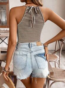 SHEIN Frenchy 女士度假休闲条纹蕾丝拼接露背上衣 - 彩色 - 查看 2