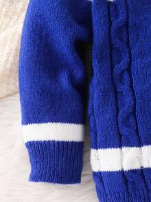 1 件年轻男孩休闲舒适时尚简约实用百搭扭纹拼色圆领毛衣，适合男孩毛衣、毛衣、学校、返校、男孩、日常穿着，适合秋冬季 - 藍色 - 查看 3